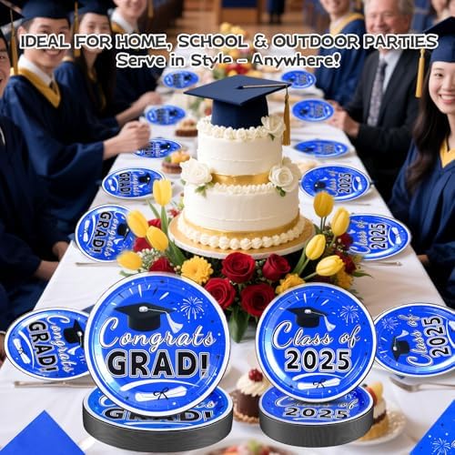 Graduation Plates and Napkins 2025 – 200PCS Blue Graduation Party Decorations Pack, Disposable Paper Plates & Napkins for 50 Guests – Perfect for 2025 Congrats Grad Party Supplies - Image 6