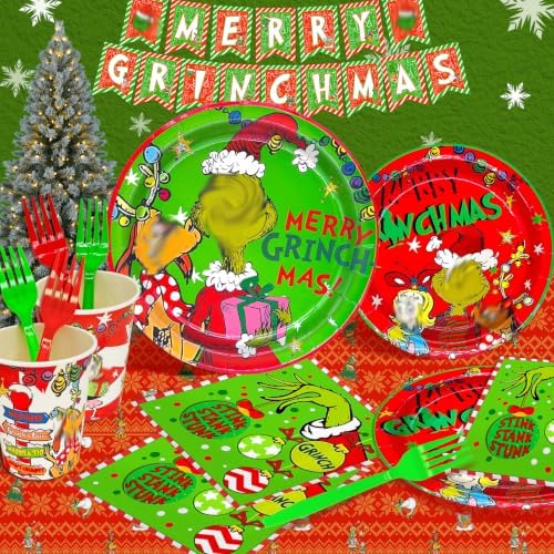 122Pcs Christmas Party Decorations Merry Christmas Party Supplies Tableware Set with Banner Plates Napkins Cups Tablecloth Forks Serve 24 - Image 5