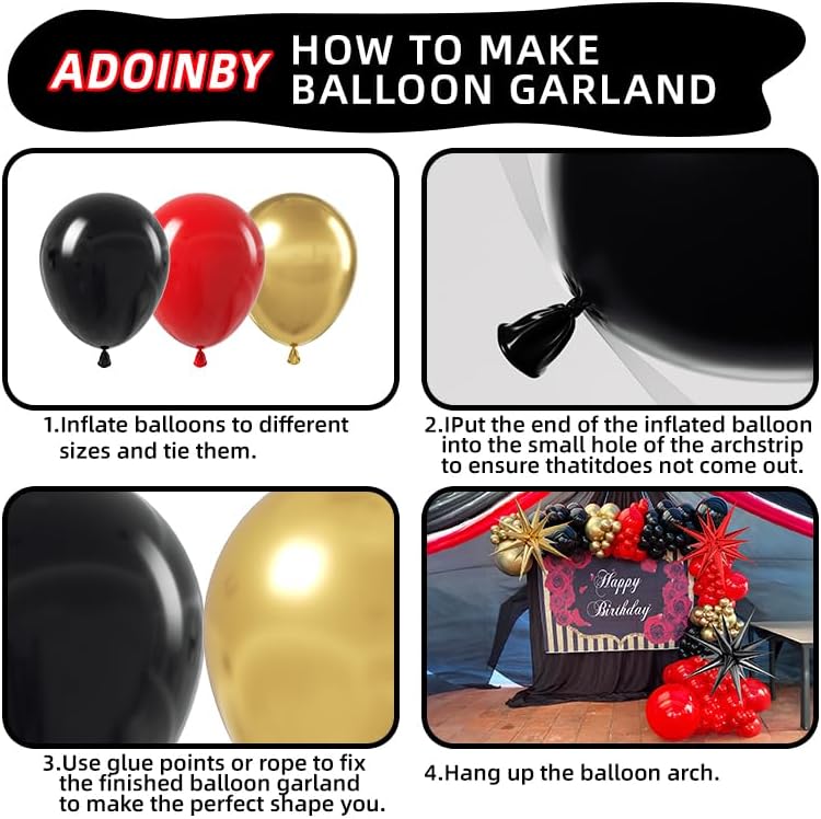 Red and Black Gold Balloon Arch Kit, 140Pcs Explosion Star Black and Red Metallic Gold Balloons 22 18 12 10 5 Inch Different Size Balloons for Birthday Casino Night Movie Night Decorations - Image 3