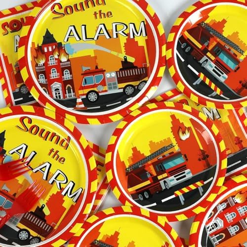 100 Pcs Firetruck Birthday Party Decorations Fireman Plates and Napkins for Firefighter Party Supplies Fire Truck Birthday Theme Disposable Dinnerware Set for Kids Fireman Party Favors Serve 25 - Image 5