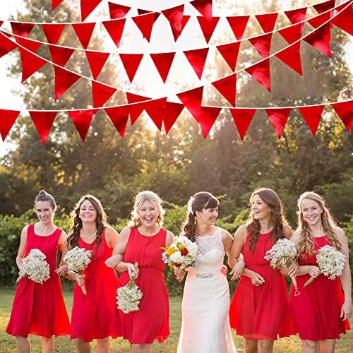 Red Party Decorations Triangle Pennant Banner Flag Dark Red Metallic Fabric Bunting Garland for Graduation Wedding Bridal Shower Birthday Anniversary Holiday Valentines Retirement Party Supplies - Image 5