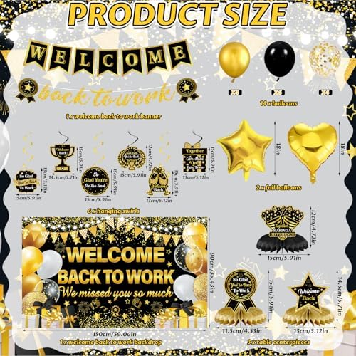 27pcs Welcome Back to Work Decorations Office Black Gold Welcome Back to Work Banner Balloons We Missed You So Much Backdrop Hanging Swirls Table Centerpieces Foil Balloons for Back to Work Office - Image 5