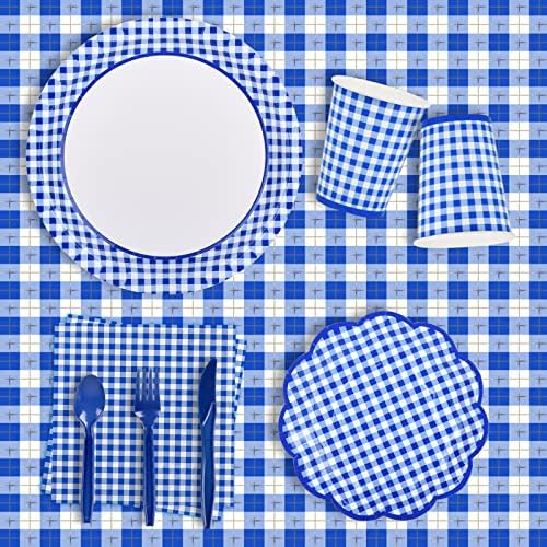 Gatherfun Gingham Blue and White Party Supplies Disposable Paper Plates Napkins Cups Knives Spoons Forks Tablecloth Banner for Birthday Party Family Dinner Picnic Barbecue Father's Day Party, Serve 25 - Image 2