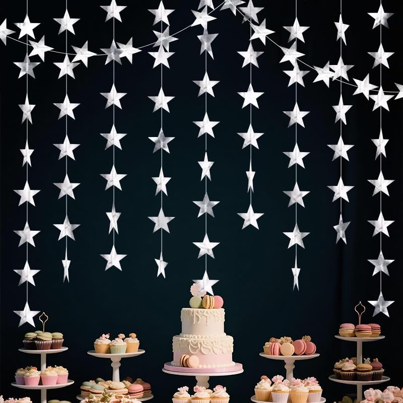 Silver Shining Star Hanging Garland Silver Hanging Sparkling Star Streamer Glitter Bunting Banner Twinkle Backdrop for Wedding Baby Shower Birthday Christmas Decorations 40 Feet - Image 2