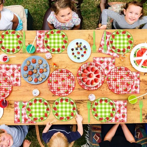 96Pcs Strawberry Party Plates and Napkins Birthday Party Supplies Spring Summer Fruit Paper Dessert Plates Strawberry Themed Tableware Set Disposable for 24 Guests 1st Birthday Party Decorations - Image 5