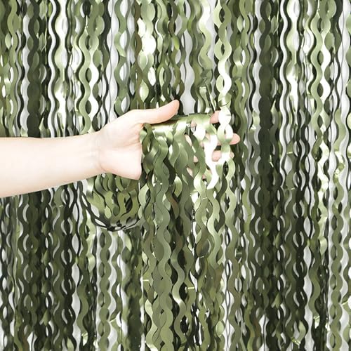 4 Pack Wavy Olive Green Streamers Backdrop Jungle Party Decorations - 3.3x6.6ft Foil Fringe Curtains Photo Booth for Dinosaur Animal St Patrick's Day Football Decor by KEEUH