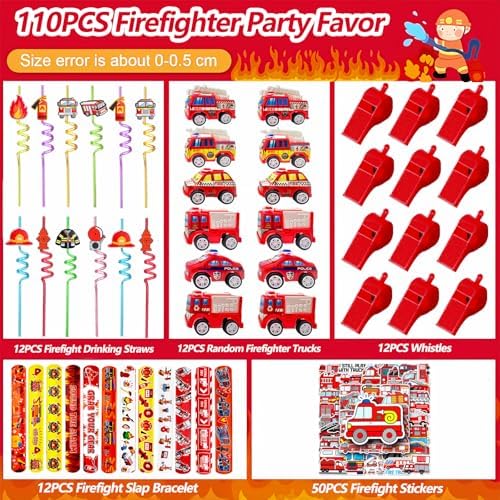 Fire Truck Party Favors Set - 110 Pcs with Firefighter Stickers, Slap Bracelets, Drinking Straws & More for Firefighter Themed Birthday Party - Image 2