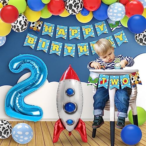 Two Infinity and Beyond Birthday Decorations - 105 Pcs Toy Inspired Story 2nd Birthday Party Supplies Include Banner, Balloons, Backdrop Film, Balloon Cake Topper, Tablecloth - Image 4