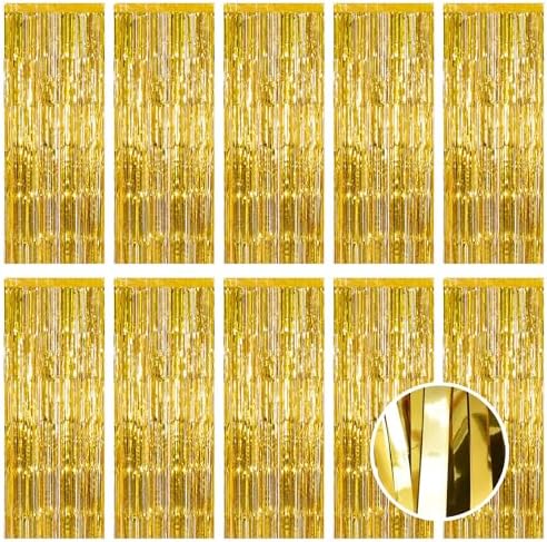 10 Pack Gold Foil Curtain Backdrop 3.2ft x 9.8ft Metallic Tinsel Foil Fringe Curtains Streamer Photo Booth Backdrop for Birthday Party Engagement Bachelorette Party Decorations (Gold) by Ohiyoo