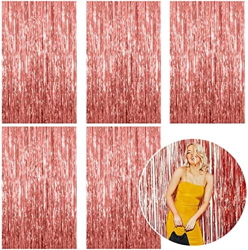5 Pack Foil Curtain Backdrop Rose Gold Metallic Tinsel Foil Fringe Curtains Photo Booth Props for Birthday Wedding Engagement Baby Shower Bachelorette Christmas Holiday Celebration Party Decorations by KEJ