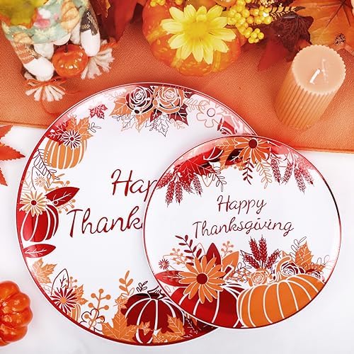Rubtlamp 60PCS Thanksgiving Plastic Plates, White Orange Pumpkin Plates, Red Disposable Plates with Maple Leaves, Fall Disposable Plates Include 30 Dinner Plates, 30 Salad Plates For Thanksgiving - Image 3