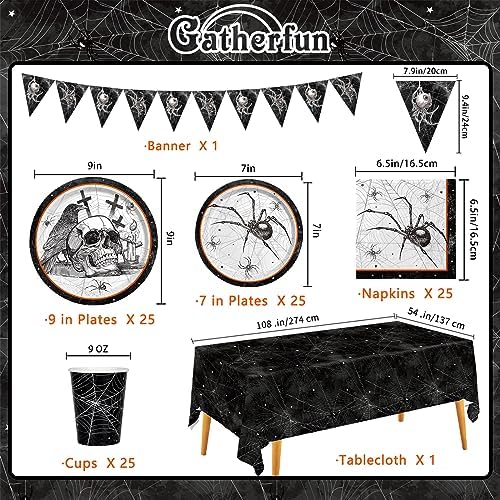 Spider Webs Halloween Party Supplies - Featuring Skull & Spider Themes, All-inclusive Wicked Web Paper Plates, Napkins, Cups, Tablecloth, and Banner. Ideal for Halloween Party Decorations, Serve 25 . - Image 2