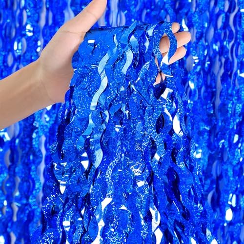 4 Pack Navy Blue Wavy Foil Fringe Curtains Party Decorations - 3.3 ft x 6.6 ft Streamer Tinsel Curtain Party Photo Backdrops for Birthday Party by CYLMFC