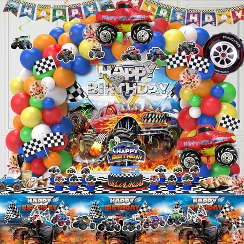 Monster Truck Birthday Decorations, Machines Jam Party Decoration Supplies include Truck Balloons Arch, Tablecloth, Backdrop, Cake Cupcake Toppers, Hanging Swirls, Flags, Truck Birthday Decor for Boys - Image 6