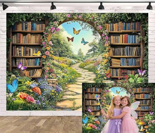 Enchanted Forest Fairy Library Backdrop, Spring Woodland Bookshelf Tea Party Photography Background, Green Floral Plant Birthday Party Decorations Baby Shower Banner Photo Booth Props 9X6FT by Unknown
