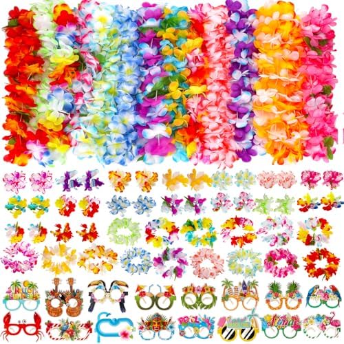 Atonofun 80 PCS Leis for Luau Party Decorations- Hawaiian Leis Bulk, Luau Party Glasses, Colorful Bracelets, Flower Headbands for Adults Tropical Birthday Summer Beach Luau Party Favors Supplies by Atonofun