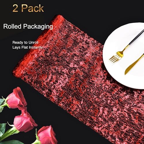 2 Pcs Red Table Runner, Glitter Metallic Foil Mesh Roll 108" Sparkle Decor - Image 3