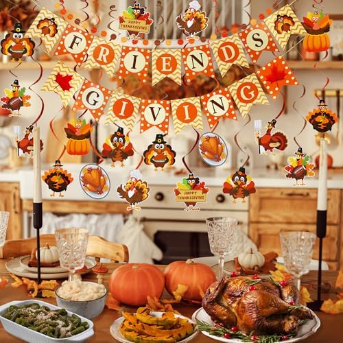 Thanksgiving Party Decorations Set - NO DIY - Friendsgiving Banner & Turkey Hanging Swirls & Circle Dots Garland Banner, Thanksgiving Decorations for Home Office Classroom Friendsgiving Party Decor - Image 7