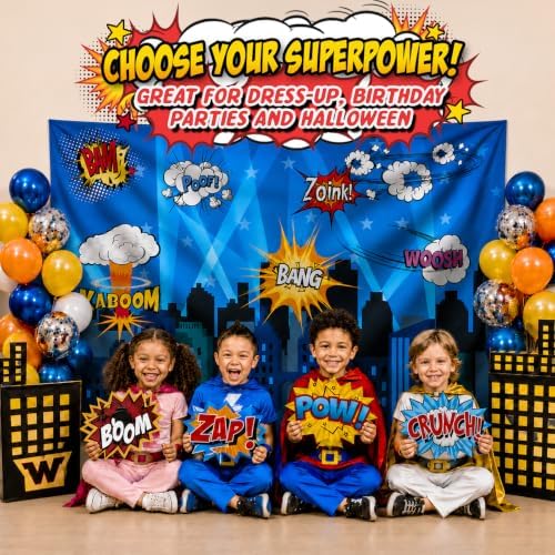 Superheroes Theme Party Photography Backdrop with Props. Super Hero Cityscape Photo Booth Background for Kids Party, Birthday Wall Decorations - Image 6
