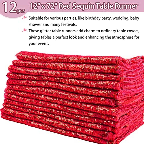 12 Packs 12 X 72 Inch Red Sequin Table Runner Glitter Dining Table Runner for Birthday Wedding Engagement Bridal Baby Shower Bachelorette Holiday Celebration Party Supplies Decorations (Red) - Image 2