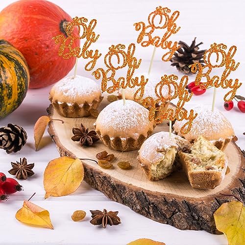 Ephlyn 24Pcs Pumpkin Oh Baby Cupcake Toppers Glitter Fall Theme Pumpkin Cupcake Picks Baby Shower Cake Decorations for Pumpkin Theme Gender Reveal Kids Birthday Party Supplies Orange - Image 6