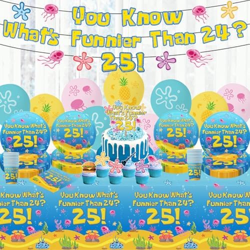 Blue Ocean Birthday Party Decorations Tableware 104Pcs Whats Funnier Than 24 25 Birthday Supplies Include Banner Balloons Plates Napkins Cups Tablecloth Cupcake Toppers and Cake Topper - Image 5