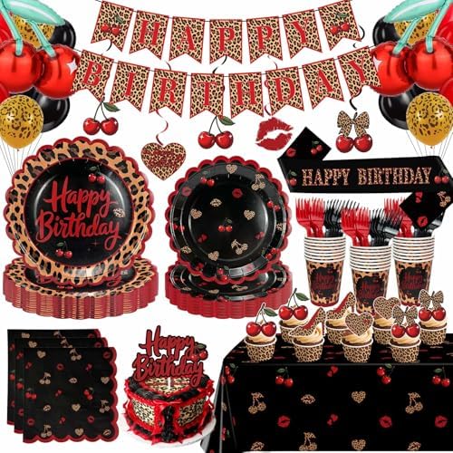 Red Cheetah Print Birthday Decorations, All-in-One Party Set for 24 People by OWWOPATS
