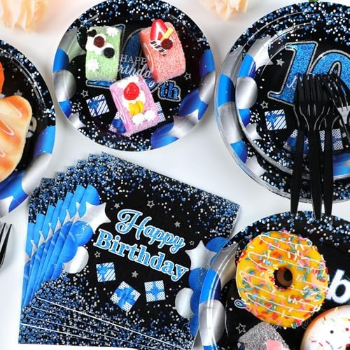 Qyeahkj 100 Pcs 10th Birthday Decorations for Boys Official Teen 10th Supplies Plate Napkin Forks Set Disposable Blue 10th Birthday Tableware Paper Plates Dinnerware for Kids Teenager Favors Serve 25 - Image 5