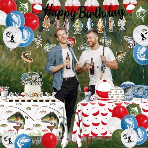 Fish Birthday Party Decorations, All-in-1 Fish Party Decorations with Balloons Fish Plates Napkins Cake Toppers Honeycombs Tablecloths and Banner Ofishally One Birthday Decorations, Serve 24 - Image 3