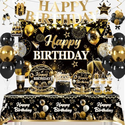 206pcs Black and Gold Birthday Decorations Men Set, for 25 Guests by Yingoto