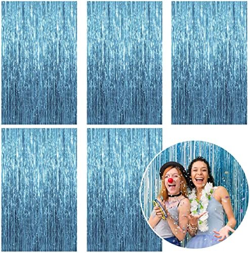5 Pack Foil Curtain Backdrop Blue Metallic Tinsel Foil Fringe Curtains Photo Booth Props for Birthday Wedding Engagement Baby Shower Bachelorette Christmas Holiday Celebration Party Decorations by KEJ