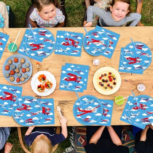 Qyeahkj 50 Guests Airplane Plates and Napkins Party Supplies Plane Party Decorations Disposable Tableware Set Blue Sky Helicopter Paper Cake Dessert Dinnerware Favor for Kids Boys Baby Shower, 200PCS - Image 6