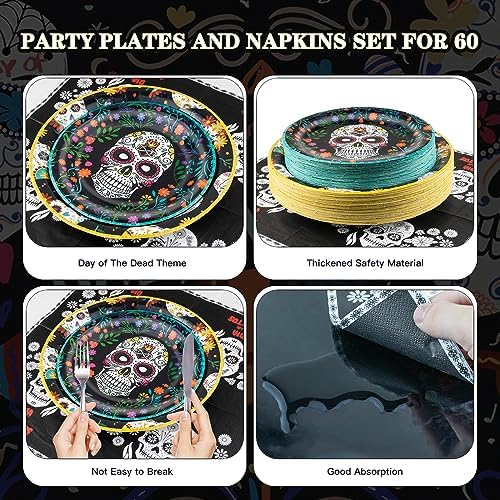 180Pcs Day of the Dead Party Supplies Paper Plates and Napkins Serve 60 - Image 3