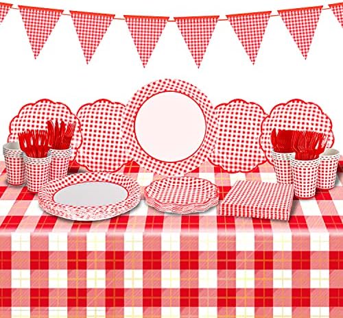 Gatherfun Gingham Red and White Party Supplies Disposable Paper Plates Napkins Cups Knives Spoons Forks Tablecloth Banner for Birthday Party Family Dinner Picnic Barbecue Mother's Day Party, Serve 25 by Gatherfun