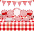 Gatherfun Gingham Red and White Party Supplies Disposable Paper Plates Napkins Cups Knives Spoons Forks Tablecloth Banner for Birthday Party Family Dinner Picnic Barbecue Mother's Day Party, Serve 25 by Gatherfun