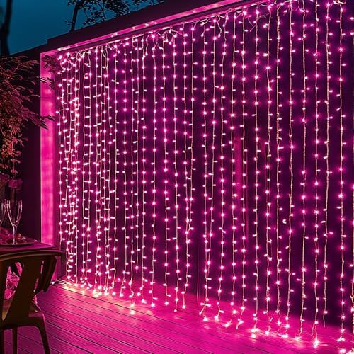 Dazzle Bright 300 LED Curtain String Lights, Valentine's Day Fairy Lights for Bedroom with 8 Lighting Modes, Connectable Waterproof Window Lights Party Wedding Garden Wall Christmas Decor, Pink by DazzleBright