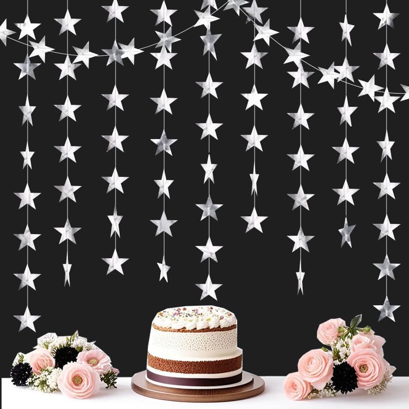Silver Shining Star Hanging Garland Silver Hanging Sparkling Star Streamer Glitter Bunting Banner Twinkle Backdrop for Wedding Baby Shower Birthday Christmas Decorations 40 Feet - Image 7