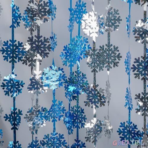 Silver Blue Snowflake Fringe Curtain -3.2ft x 6.5ft - 2 Pack - Image 6