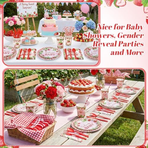 450 Pcs Strawberry Baby Shower Tableware Set, Serve 50, Red and Pink - Image 5