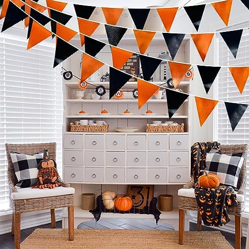 Black Orange Party Decoration Metallic Fabric Triangle Pennant Banner Flag Bunting Garland for Graduation Halloween Fall Autumn Thanksgiving Birthday Wedding Shower Bridal Shower Party Supplies - Image 6