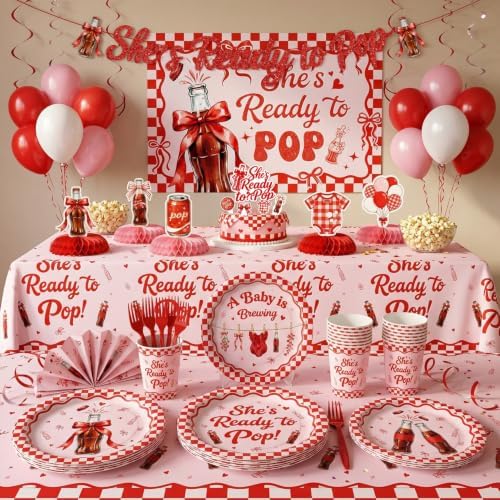 182 Pcs She's Ready to Pop Baby Show Party Decorations(Serves 24), Ready to Pop Baby Shower Decorations Include Banner Hanging Backdrop Plates Napkins Cups Forks Tablecloth Topper Balloons for Party - Image 7