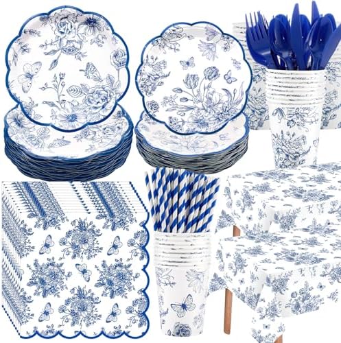 Funnymoom 452 Pcs Blue Floral Plates and Napkins Party Supplies, Scalloped Chinoiserie Blue White Flower Paper Plates Napkins Cups Tablecloth Cutlery Straw for Wedding Bridal Tea Party Decoration by Funnymoom