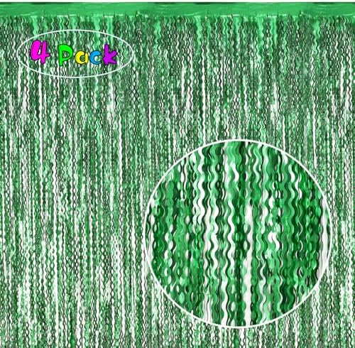 4Pcs Wavy Green Fringe Backdrop -3.3x6.6ft Green Streamer Foil Curtains for Jungle Party Decorations | St Patricks Day Decorations | Football Decorations | Xmas by KEEUH
