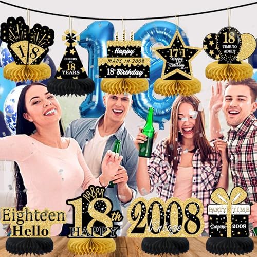 9Pcs Black Gold 18th Birthday Decorations Honeycomb Centerpieces for Boys Girls,Happy 18th Birthday Centerpieces Tables Toppers Party Decorations Supplies,Vintage 2008 Aged Table Sign Decor - Image 4