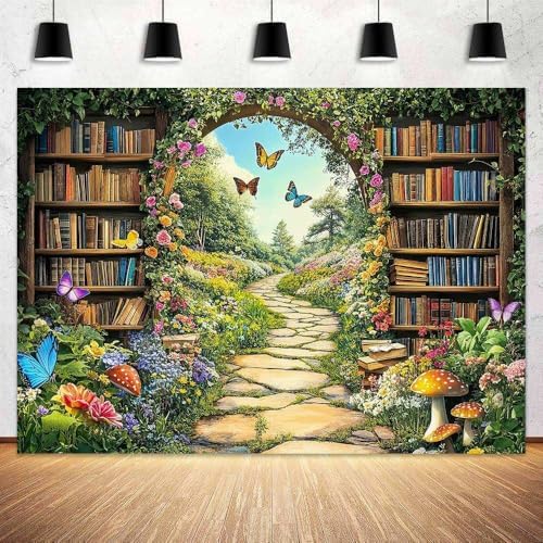 Enchanted Forest Fairy Library Backdrop, Spring Woodland Bookshelf Tea Party Photography Background, Green Floral Plant Birthday Party Decorations Baby Shower Banner Photo Booth Props 12X10FT - Image 4