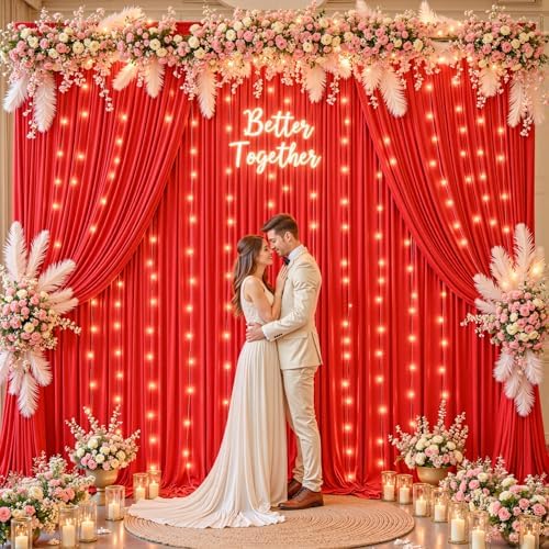 30 x 10ft Red Green Backdrop Curtains with Lights String - Image 2