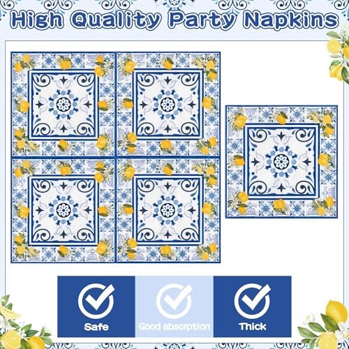96Pcs Capri Lemon Blue Tiles Yellow Lemon Summer Citrus Fruit Party Plates Supplies Tableware Decorations Disposable Paper Plates Napkins Forks for Kids Birthday Baby Shower, Serves 24 - Image 4