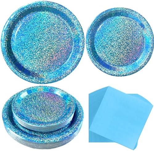 Light Blue Iridescent Party Plates & Napkins, 75 Pcs Decoration Tableware by Unknown