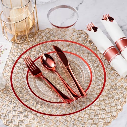 Goodluck 350 Pcs Clear Red Plastic Dinnerware Sets for Party for 50 Guests - Image 5