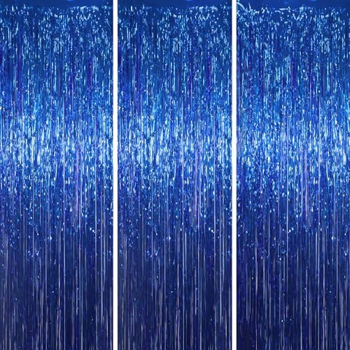 Voircoloria Blue Foil Fringe Backdrop Curtains, 3.3x8.2ft, 3 Pack by Voircoloria